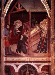 The Adoration of the Shepherds, panel from the altarpiece of Sigena, 1375 by Hermanos Serra