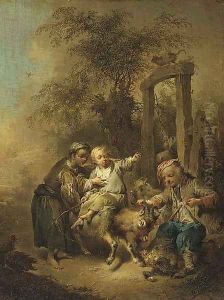 A young peasant family disporting with a billy goat in a farmyard by Joseph Conrad Seekatz
