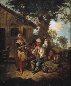 A violinist accompanied by travellers outside an inn by Joseph Conrad Seekatz
