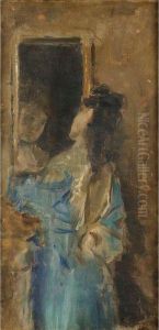 Femme En Bleu Se Regardant Dans Un Miroir by Aime Stevens