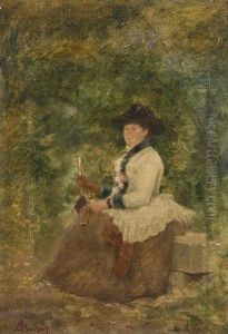 Femme Assise Sur Un Banc Dans Un Jardin by Aime Stevens