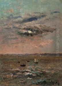 Meereskuste Mit Zahlreichen Booten Und Hinter Wolke Versteckter Sonne Meereskuste Mit Zahlreichen Booten Und Hinter Wolke Versteckter Sonne