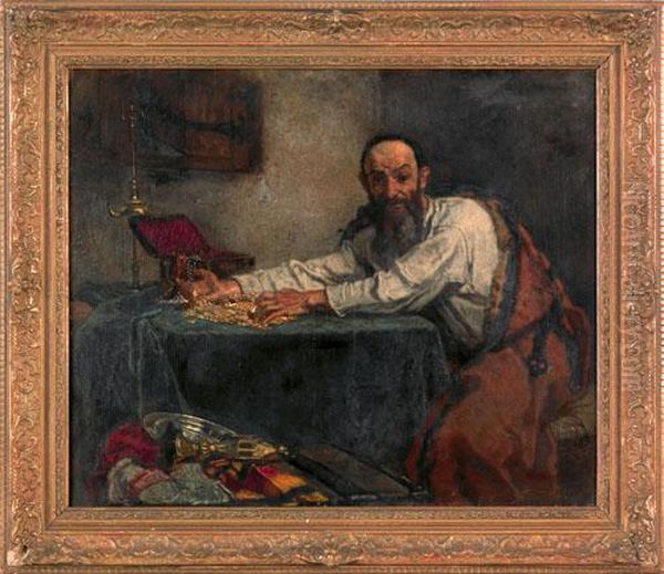 Depicting A Shylock Counting Gold At A Table - view 1