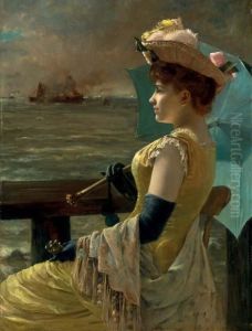 A Lady With A Parasol Looking Out To Sea
