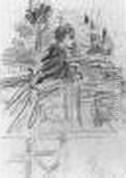 Femme Dans Un Parc Accoudee A Une Rambarde. - view 1