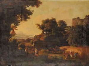An Italianate river Landscape at Sunset with Ruth meeting Boaz by French School