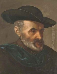 Portrait of a man, bust-length, wearing a black hat