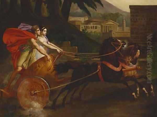 A charioteer with a maiden, classical Roman temples and other buildings beyond - view 1