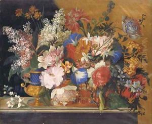 A basket and a vase with Flowers by French School