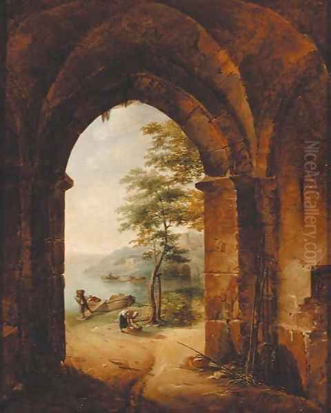 A Gothic archway with peasants unloading a boat in a river landscape - view 1