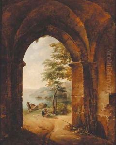 A Gothic archway with peasants unloading a boat in a river landscape by French School