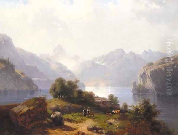 Neatherds by a lake in a mountainous landscape - view 1