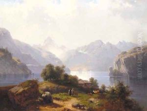 Neatherds by a lake in a mountainous landscape