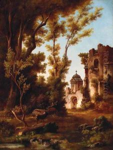 A stag by a ruin