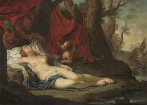 A wooded river landscape with two satyrs discovering the sleeping Diana with Cupid by French School