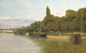 Barges moored on a riverbank by French School