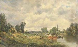 Bateau Lavoir a houseboat on a tranquil river by French School