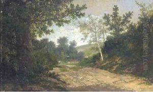 Birds in flight over a woodland track by French School