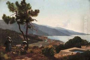 Figures by a well with the town of Menton beyond by French School