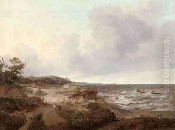 A coastal landscape with a shepherd and his flock, fishermen in their boats out to sea - view 1