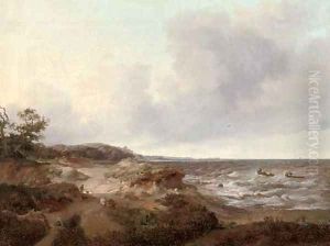 A coastal landscape with a shepherd and his flock, fishermen in their boats out to sea by French School
