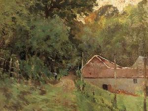 A figure on a wooded track by farm buildings by French School