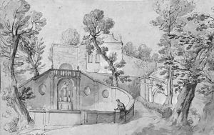 A fountain set in a garden balustrade, a villa beyond by French School