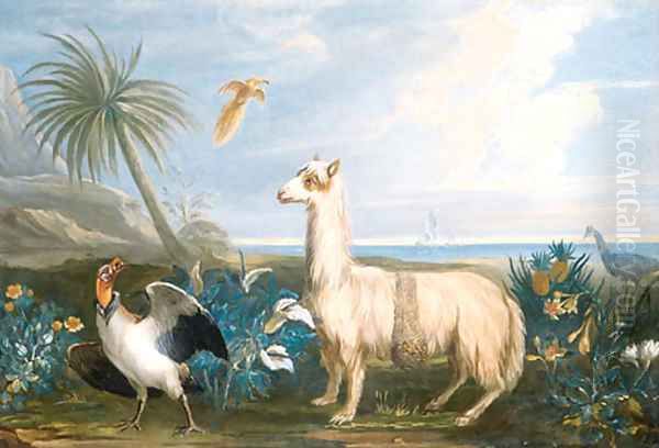 A Lama, a Dodo and other exotic Birds in a Tropical Landscape - view 1