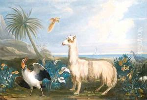 A Lama, a Dodo and other exotic Birds in a Tropical Landscape