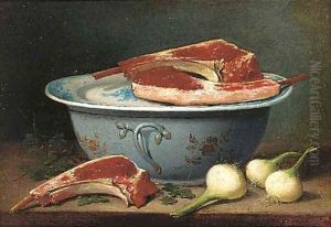 A pottery bowl, cuts of meat and onions on a table by French School