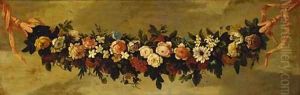 A swag of roses, carnations, daffodils, narcissi and other flowers by French School