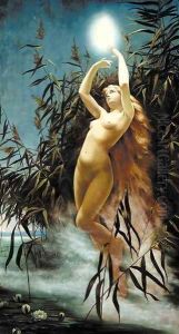 A water nymph desporting amongst the reeds in the moonlight by French School