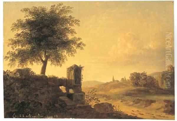 An extensive mountainous landscape at sunset, the ruins of a Roman tomb on a promontory in the foreground, a church beyond - view 1