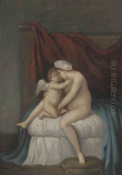 Cupid and Venus embracing on a bed - view 1