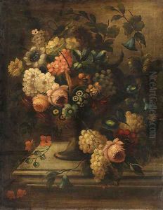 Flowers in a Vase and Grapes on a stone Plinth