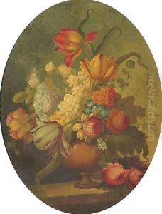 Flowers in a vase on a stone ledge by French School