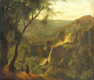 Monks standing on a wooded outcrop overlooking a rivervalley, a waterfall nearby