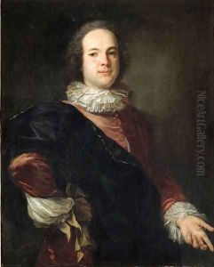 Portrait of a gentleman, three-quarter-length, in a red jacket with a white ruff and a blue mantle by French School