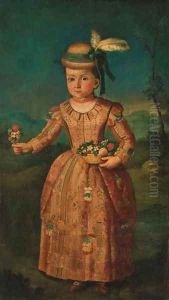 Portrait of a girl, standing full-length, in an embroidered dress and feather plumed hat, holding flowers in her hands