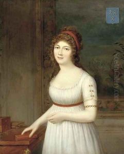 Portrait of a lady, three quarter-length, standing in an interior wearing a white empire style dress, her hand on a book