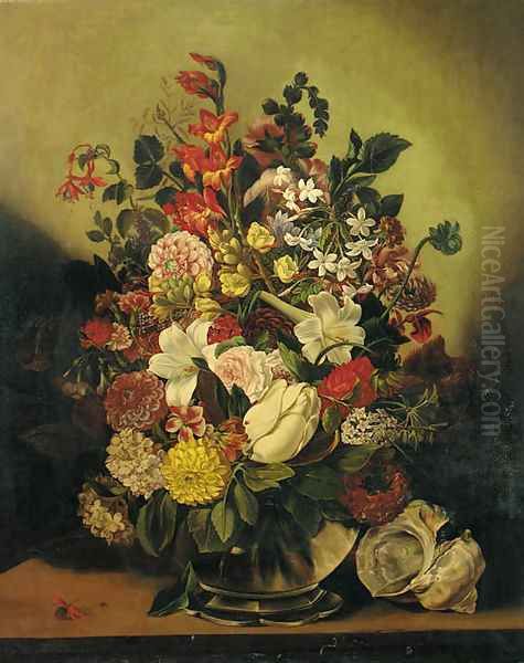 Summer flowers in a glass vase on a table - view 1