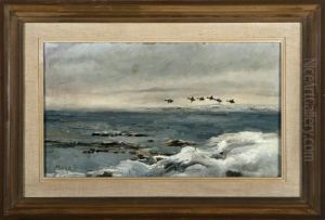Flying Sea Birds At A Winter Coast. Signed