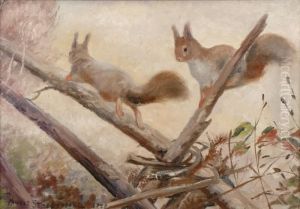 Ekorrar Pa Gardesgard. Signerad Och Daterad 1920. Duk, 37x52 by Mosse Stoopendaal