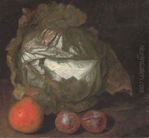 A cabbage with a pear and plums by French School