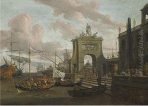 A Capriccio Of A Mediterranean Harbour by Abraham Storck