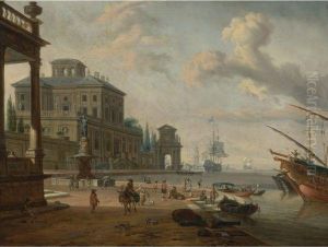 Italianate Harbor Scene With Figures And Animals In A Grandarchitectural Setting by Abraham Storck