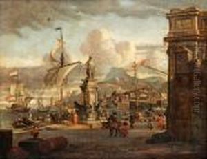 Scene At The Harbour With Oriental Merchants by Abraham Storck