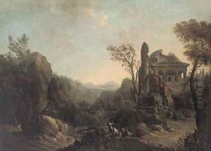 A capriccio with figures conversing by the ruined Pantheon and herdsmen watering their cattle