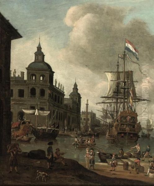 A 'capriccio' View Of A Mediterranean Harbour With A Man O'war - view 1