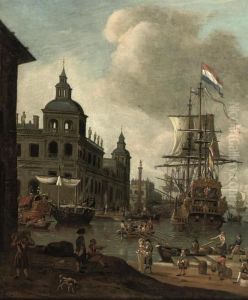 A 'capriccio' View Of A Mediterranean Harbour With A Man O'war by Abraham Storck